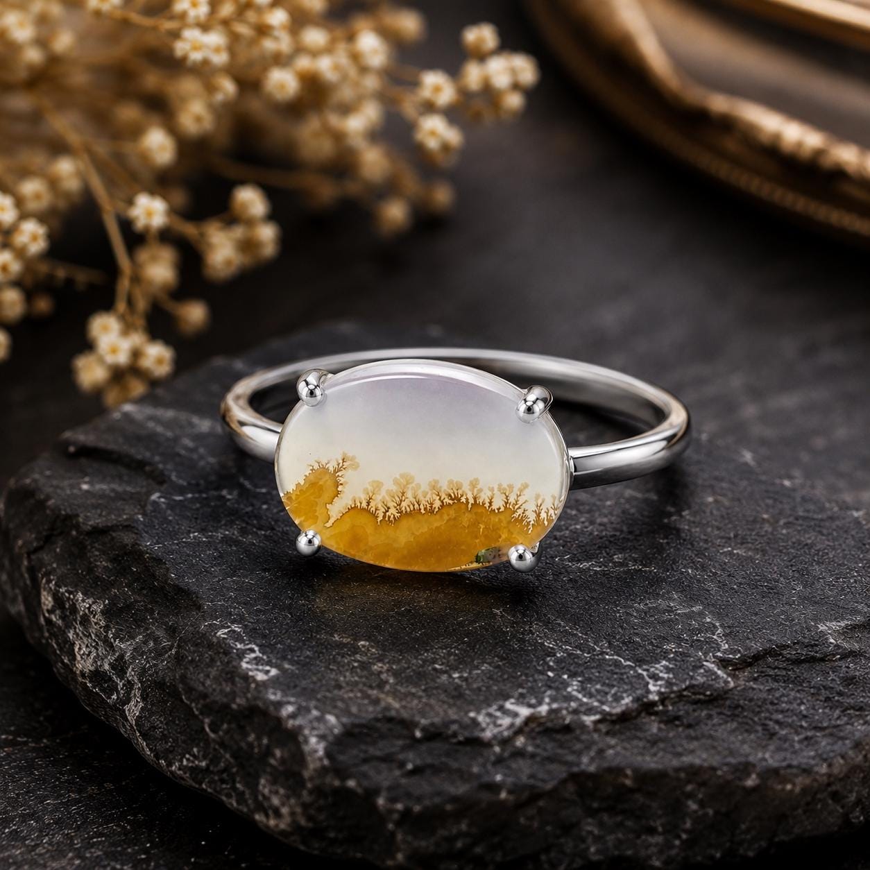 925 Sterling Silver Shazar Dendrite Agate Ring, Oval Gemstone Nature Landscape Jewelry