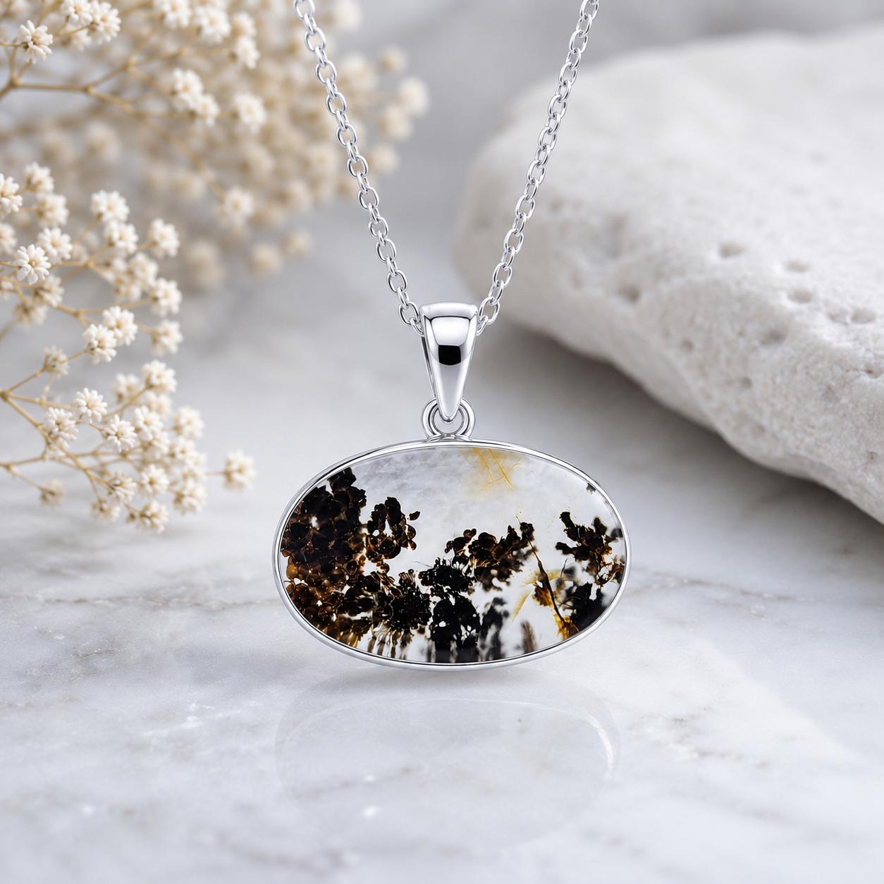 925 Sterling Silver Shazar Dendrite Agate Oval Pendant, Nature Landscape Necklace