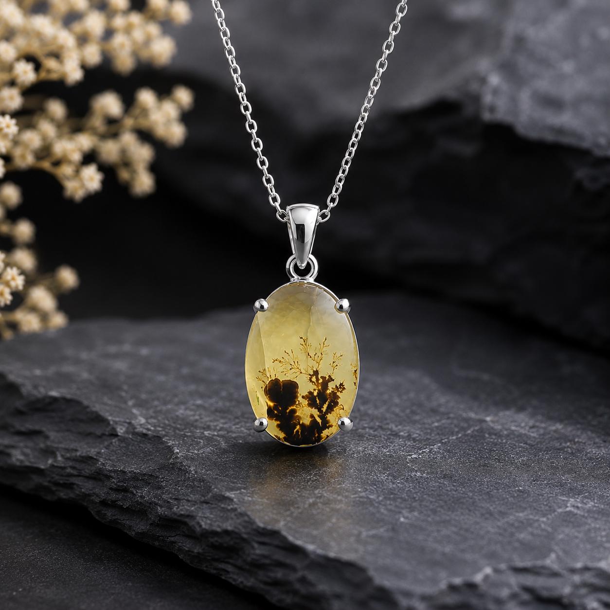 925 Sterling Silver Shazar Dendrite Agate Oval Pendant, Natural Tree Inclusions Necklace