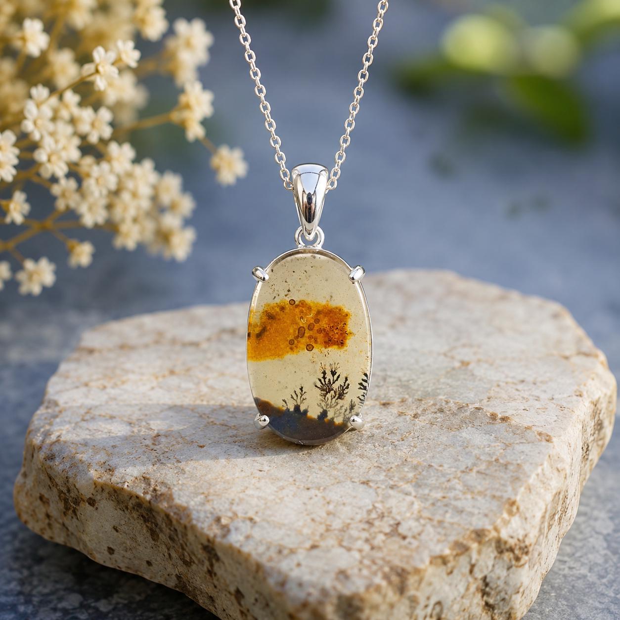 925 Sterling Silver Shazar Dendrite Agate Oval Pendant, Nature Inspired Necklace