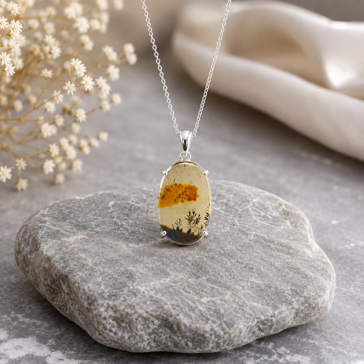 925 Sterling Silver Shazar Dendrite Agate Oval Pendant, Nature Inspired Necklace