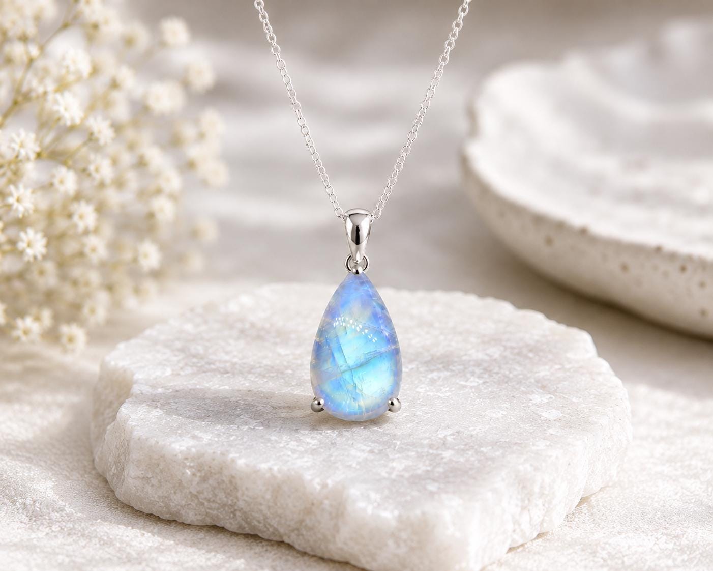 925 Sterling Silver Pear Moonstone Pendant, Natural Rainbow Gemstone Necklace