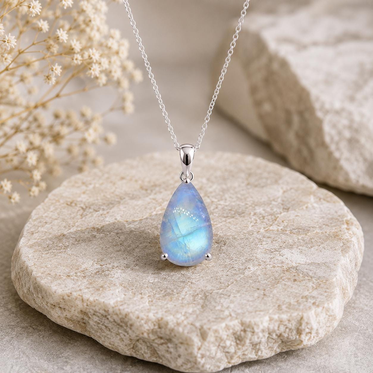 925 Sterling Silver Pear Moonstone Pendant, Natural Rainbow Gemstone Necklace