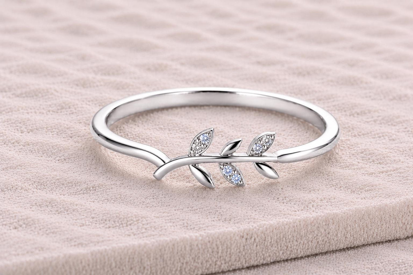 Sterling Silver Leaf Ring, Dainty Botanical Branch, CZ Stones, Minimalist Stackable Band
