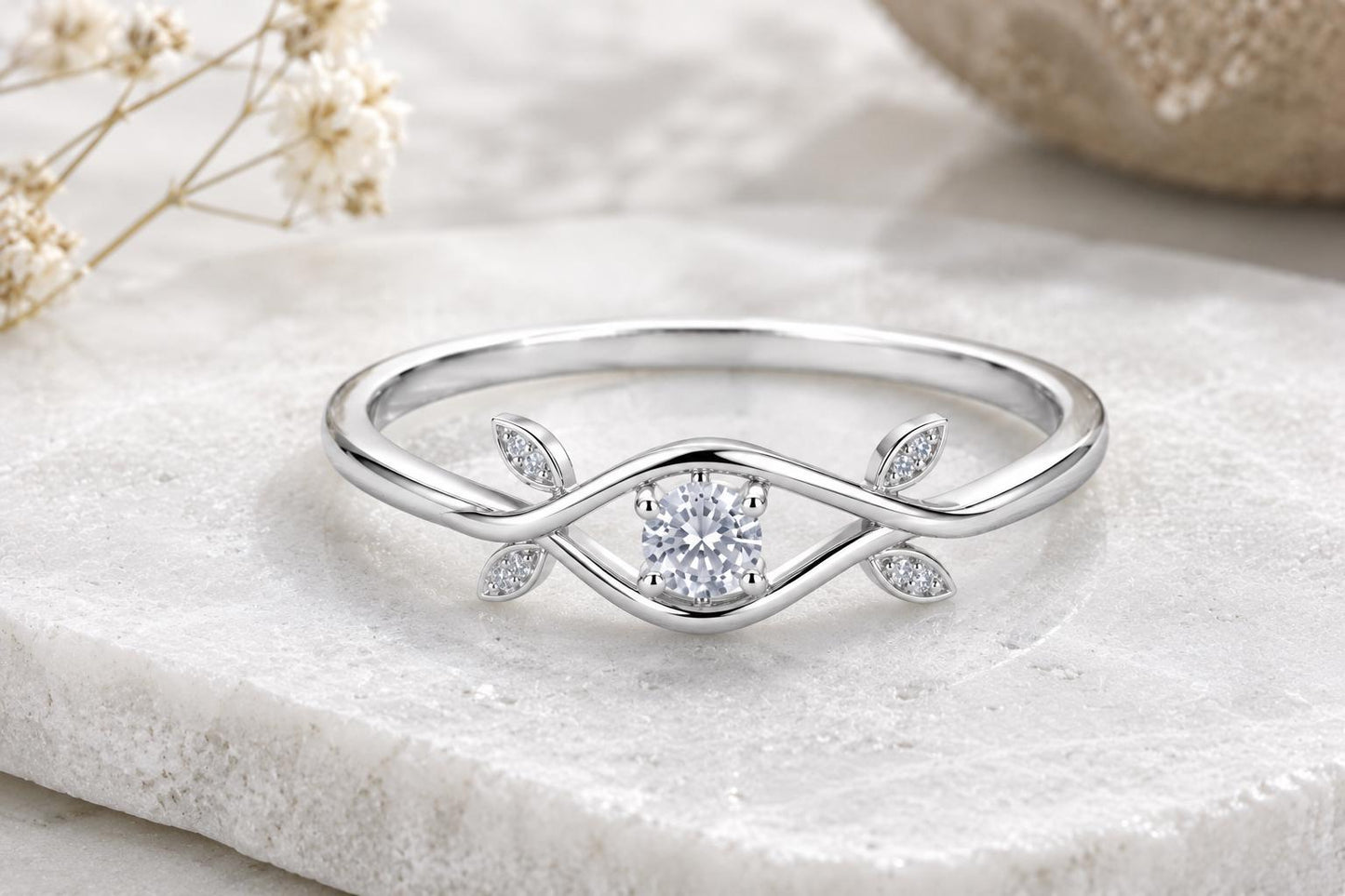 Sterling Silver Moissanite Evil Eye Ring, Leaf Accents, Minimalist Protection Band