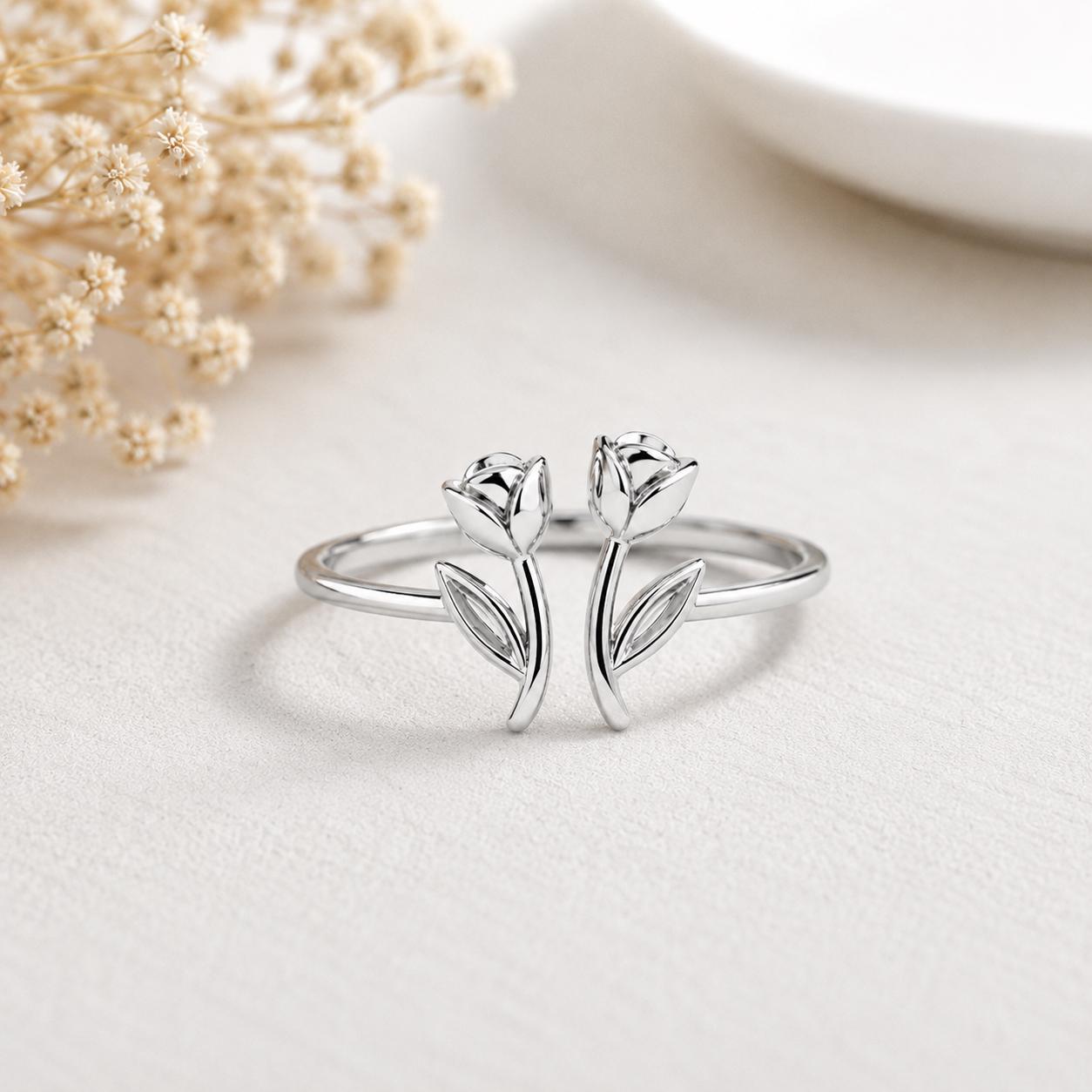 925 Sterling Silver Double Tulip Ring, Minimalist Flower Ring, Adjustable Floral Ring, Nature Inspired Gift for Her, Botanical Jewelry