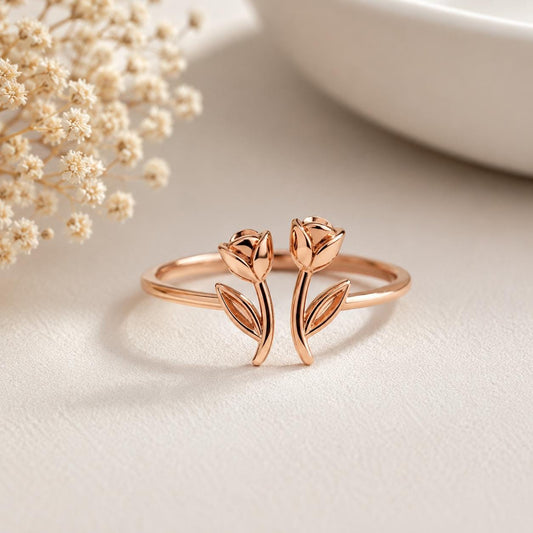 925 Sterling Silver Double Tulip Ring, Minimalist Flower Ring, Adjustable Floral Ring, Nature Inspired Gift for Her, Botanical Jewelry