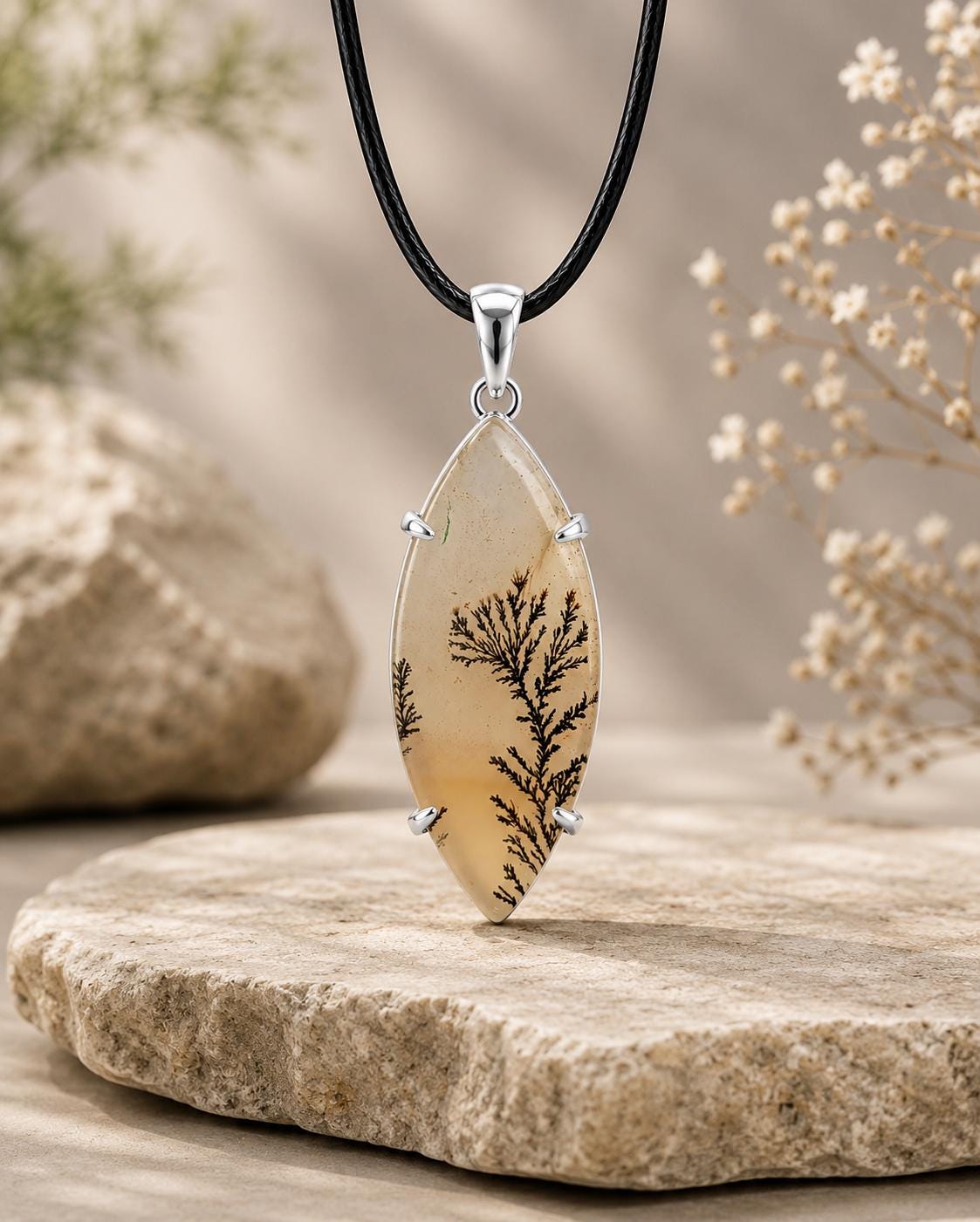 925 Sterling Silver Shazar Dendrite Agate Pendant, Natural Marquise Dendritic Agate Necklace, Handmade Gemstone Pendant, Nature Jewelry