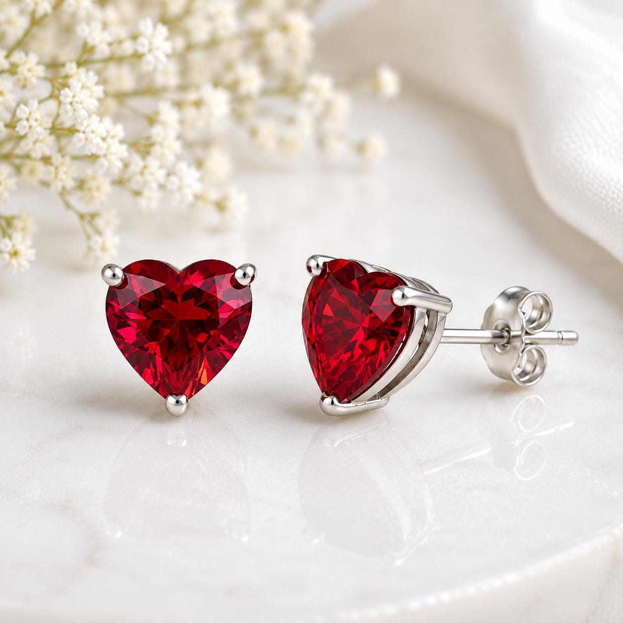 925 Sterling Silver Red Heart CZ Stud Earrings, Heart Cubic Zirconia Earrings, Romantic Studs, Dainty Love Earrings, Gift for Her