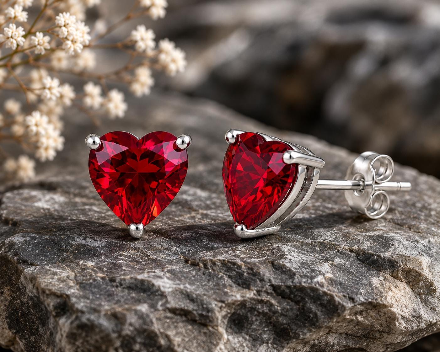 925 Sterling Silver Red Heart CZ Stud Earrings, Heart Cubic Zirconia Earrings, Romantic Studs, Dainty Love Earrings, Gift for Her