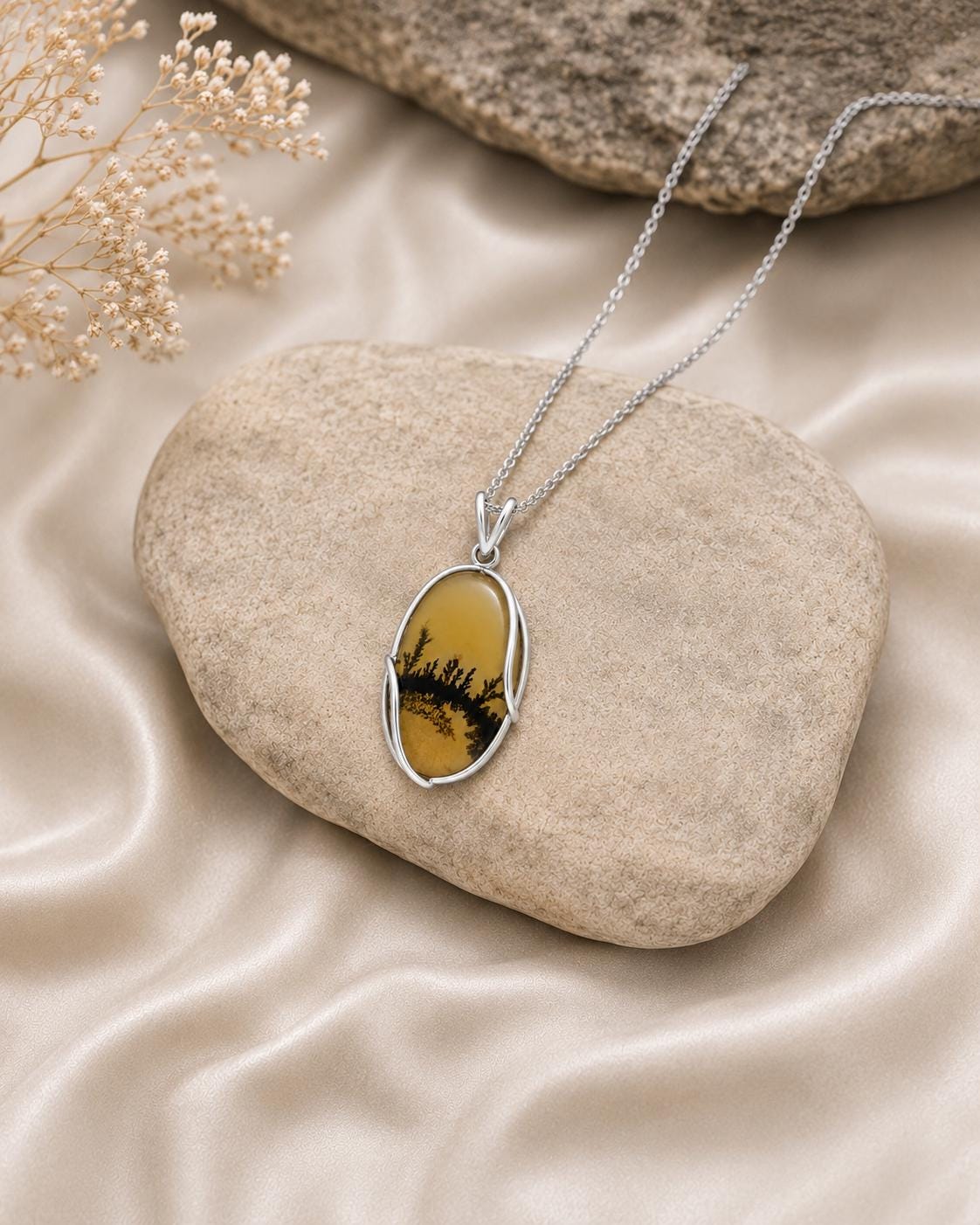 925 Sterling Silver Shazar Agate Pendant Necklace, Natural Dendritic Agate Pendant, Oval Landscape Stone Necklace, Handmade Gift for Her