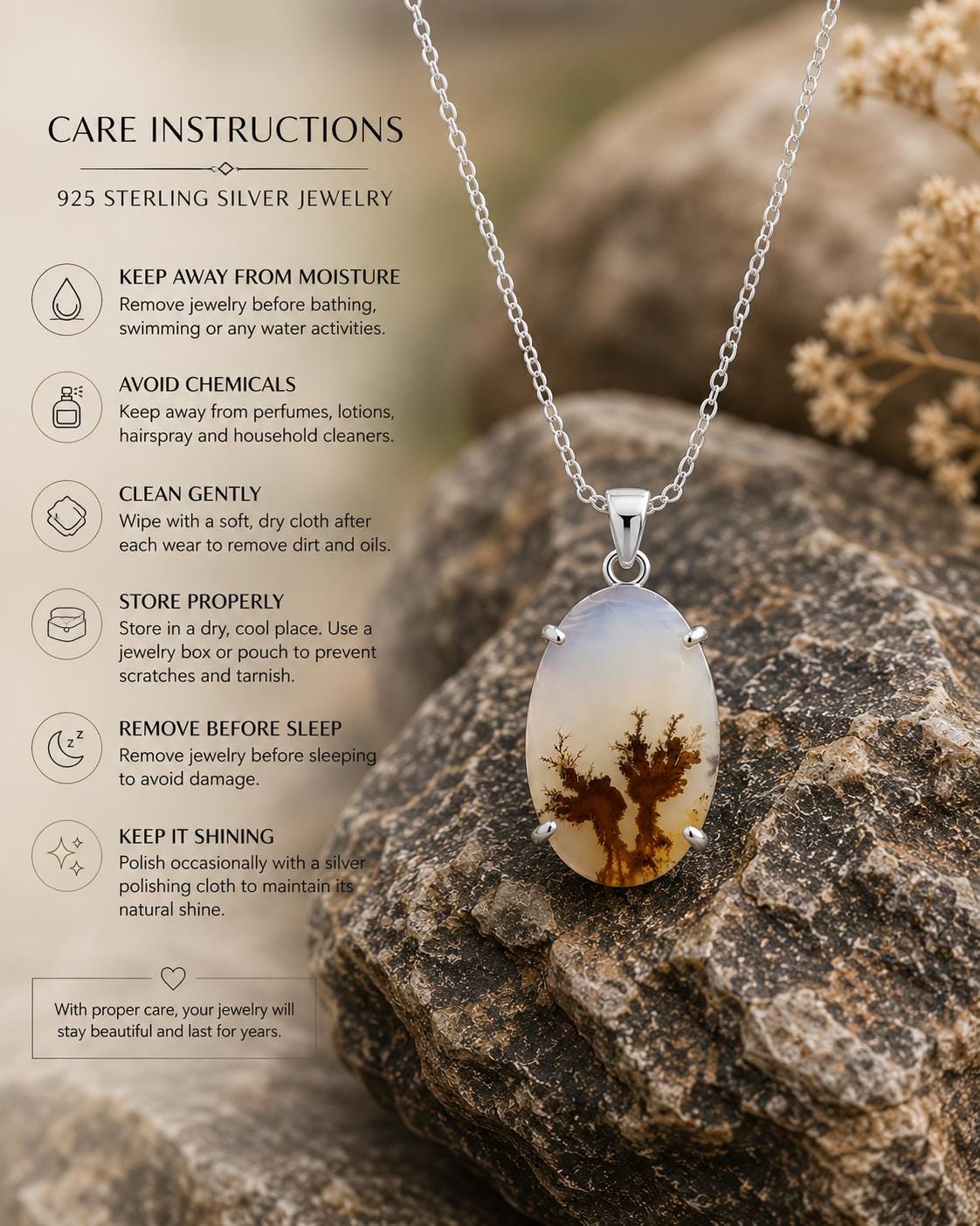 925 Sterling Silver Shazar Agate Pendant Necklace, Natural Dendritic, Oval Landscape Gemstone Pendant, Handmade Nature Jewelry
