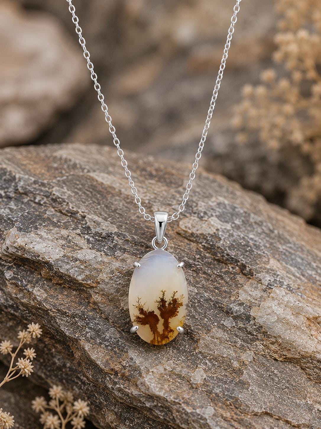 925 Sterling Silver Shazar Agate Pendant Necklace, Natural Dendritic, Oval Landscape Gemstone Pendant, Handmade Nature Jewelry
